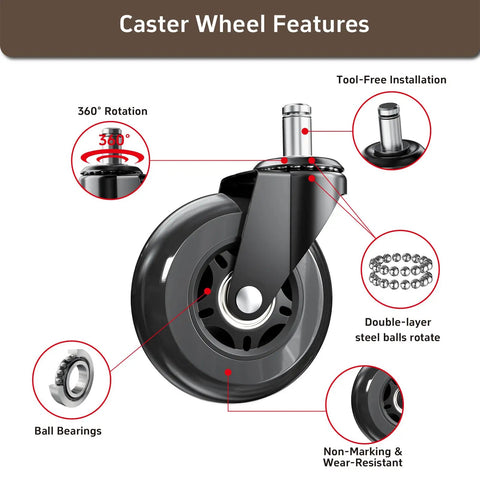 Heavy Duty 3 Inch Office Chair Wheels Replacement Set Of Five Smooth Gliding Rollerblade Casters With Universal Standard Stem For No Fuss Desk Upgrades And Top Shelf Performance Black showcasing features like 360° rotation and dual ball bearings.