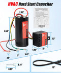 Hard Start Kit For 3.5 To 5 Ton Air Conditioners with dimensions and components shown, including potential relay and start capacitor, two pack.