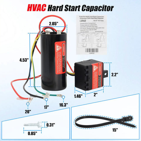 Hard Start Kit For 3.5 To 5 Ton Air Conditioners with dimensions and components shown, including potential relay and start capacitor, two pack.