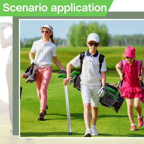 Children carrying golf bags with Two Pack Golf Ball Retriever Set Aluminum Alloy 38.6 Inch Ball Collector against green course