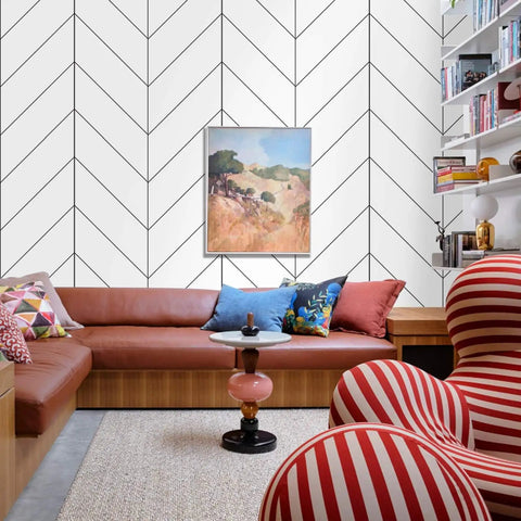 Living room with Black And White Peel And Stick Wallpaper For Easy DIY Decor, Modern Striped Geometric Herringbone Self Adhesive Contact Paper