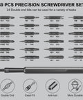 Diagram of 49 In 1 Precision Screwdriver Set for Electronics Repair, showing 24 double-ended bits and anti-rust features.
