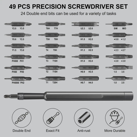 Diagram of 49 In 1 Precision Screwdriver Set for Electronics Repair, showing 24 double-ended bits and anti-rust features.