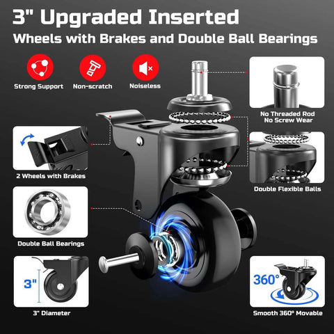 3-inch upgraded inserted wheel with brakes and double ball bearings for Beefy Heavy Duty Rolling Shop Stool For Garage