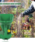 Adjustable Hand Crank Seed Spreader For Grass Seed Fertilizer Salt Ice Melt And More Portable Lawn Garden Seeder in use.