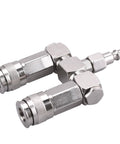 2-Way Air Hose Splitter Manifold with Quick Connect Fittings showing two universal couplers and industrial plug, chrome finish