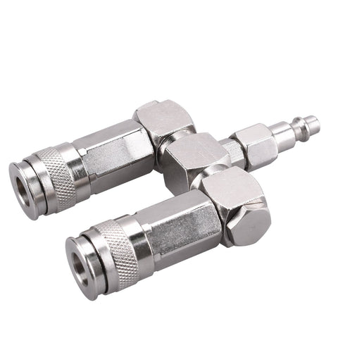 2-Way Air Hose Splitter Manifold with Quick Connect Fittings showing two universal couplers and industrial plug, chrome finish