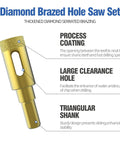 Heavy Duty Three Piece Diamond Drill Bit Hole Saw Kit For Smashing Through Ceramic Tile Granite Marble And Glass Bottles Without Breakage Plus Knockout Cutting Power Measures Two Fifth To Four Fifth Inches Wide, showing a diamond brazed hole saw with a triangular shank.