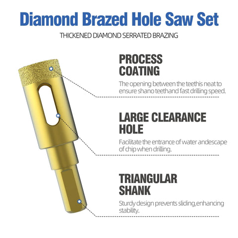 Heavy Duty Three Piece Diamond Drill Bit Hole Saw Kit For Smashing Through Ceramic Tile Granite Marble And Glass Bottles Without Breakage Plus Knockout Cutting Power Measures Two Fifth To Four Fifth Inches Wide, showing a diamond brazed hole saw with a triangular shank.