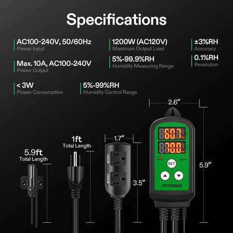 Slick Digital Humidity Controller With Dual Led Displays And Hassle Free Pre Wired 1200W Dual Stage Outlet For Automatic Humidifier Dehumidifier Fan Control In Your Grow Tent Greenhouse Or Home Brew Setup