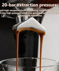 Dope Semi Automatic Espresso Machine With Built In Grinder And 20 Bar Pressure Pump, rich espresso pouring into a glass.