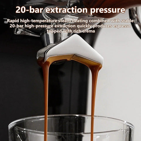 Dope Semi Automatic Espresso Machine With Built In Grinder And 20 Bar Pressure Pump, rich espresso pouring into a glass.