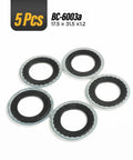 5 metal and rubber automotive AC seals from 45 Piece Auto A C Gasket And Seal Kit With Self Centered Bonded Seals And Port Washers.