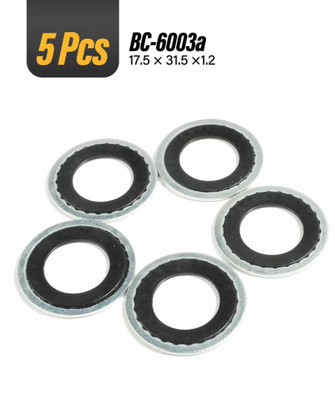 5 metal and rubber automotive AC seals from 45 Piece Auto A C Gasket And Seal Kit With Self Centered Bonded Seals And Port Washers.