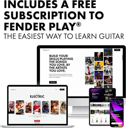 Stratocaster Style Electric Guitar Starter Kit With Frontman 10G Amp, Black, includes free Fender Play subscription display on screens