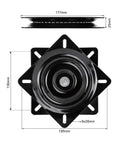 Universal 7 Inch Heavy Duty Swivel Plate With Dual Ball Bearings For Bar Stools Recliners And Boat Seats, black metal base, dimensions shown.