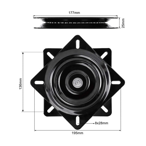 Universal 7 Inch Heavy Duty Swivel Plate With Dual Ball Bearings For Bar Stools Recliners And Boat Seats, black metal base, dimensions shown.