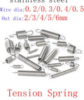 Heavy Duty Tension Springs With Hooks, Stainless Steel Extension Coil Wire 10 Pack arranged on a surface.