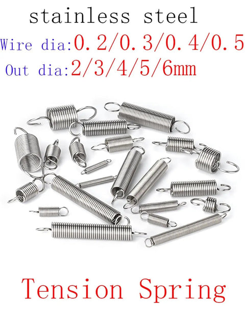 Heavy Duty Tension Springs With Hooks, Stainless Steel Extension Coil Wire 10 Pack arranged on a surface.