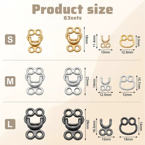Heavy Duty Hook And Eye Sewing Kit, Assorted Zinc Alloy Closures, showing size options S, M, L for garment repairs.