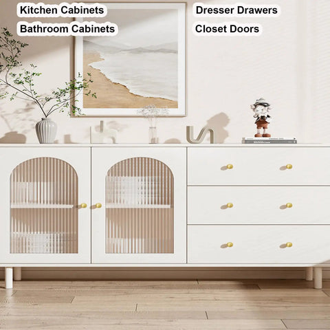Gold Cabinet Knobs 2 Pack, Solid Brass Round Drawer Knobs on white cabinet in modern living room interior.