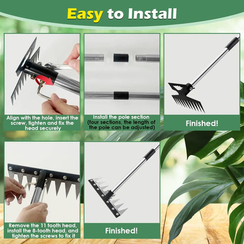 60 Inch Weeder With Long Handle Two In One Weed Puller And Rake assembly instructions with comfort grip, puller and rake heads.