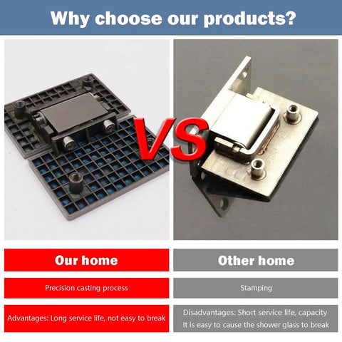 Comparison of Top Shelf 304 Stainless Steel Glass Door Hinges Two Pack showing precision casting vs stamping design.