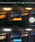 Outdoor Solar Post Cap Lights 6 Pack With Two Modes Warm White And Cool White IP65 Waterproof Deck Lighting on fence