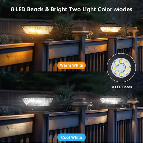 Solar Post Cap Lights 8 Pack For 4x4 And 5x5 Fence Posts Waterproof Outdoor Lamps showing warm and cool white LED modes at night.