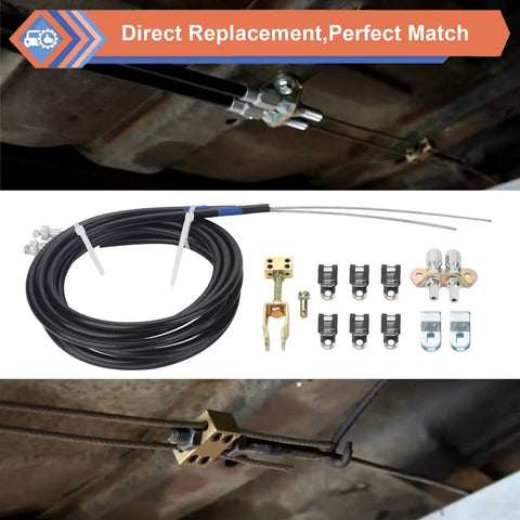 Universal Parking Brake Cable Complete Kit For Lokar Floor Mount showing hardware, mounts, and cables for easy installation.