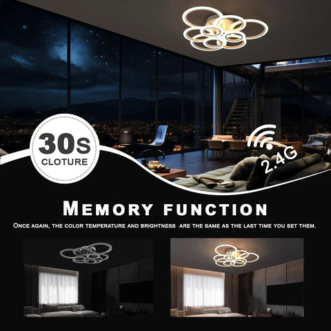9 Ring Dimmable LED Ceiling Light in modern room, remote controlled, 2800K-7000K stepless dimming, 120W 10800lm acrylic flush mount.