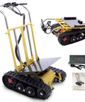 Ultra Heavy Duty Electric Stair Climbing Dolly With 880 Lb Capacity And 360 Degree Turn Swivel, showing foldable design and tracks.