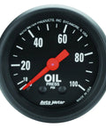 Front view of Auto Meter 2604 Z-Series oil pressure gauge, 2-1/16 inch, black dial with white numbers and red needle.