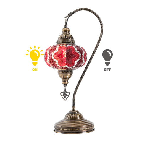 Swan Neck Mosaic Turkish Table Lamp With Handcrafted Glass Bead Mosaic, Vintage Bohemian Tiffany Style Desk Lamp, red glass globe