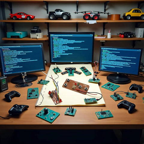 Desk with computer displays, Two Pack Four Channel RC Transmitter And Receiver Set For 27MHz Remote Control Boards on table