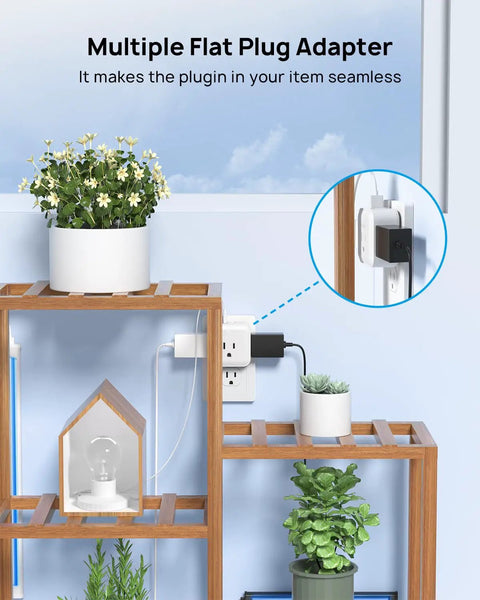 Six In One Wall Outlet Extender With USB C And USB A Ports, 3 Type A Sockets, 1 Type B; plugged in shelf with plants.