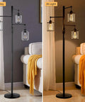 Three Head Tree Style Industrial Floor Lamp With Adjustable Brightness Smart Touch Dimmer Glass Shade Black Standing Living Room Light For Cozy Vibes Now displayed in day and night settings