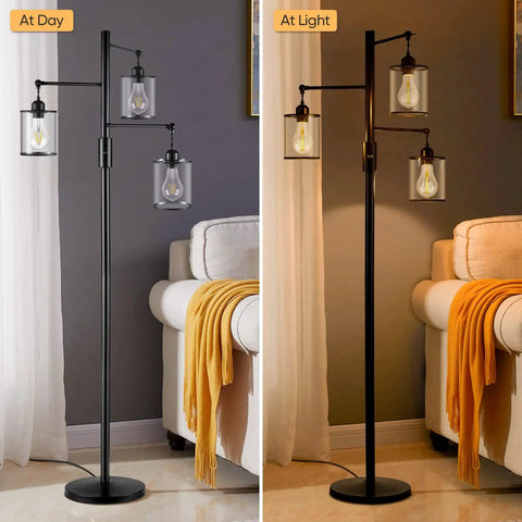 Three Head Tree Style Industrial Floor Lamp With Adjustable Brightness Smart Touch Dimmer Glass Shade Black Standing Living Room Light For Cozy Vibes Now displayed in day and night settings
