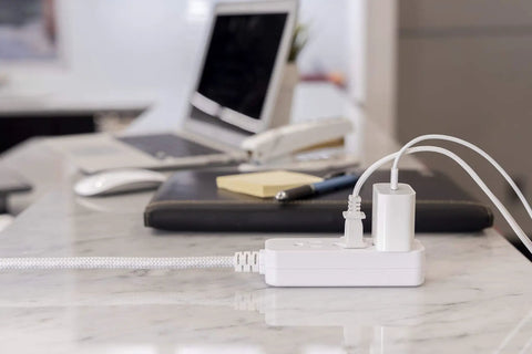 5 Pack 3 Outlet Power Strip With Surge Protection Grounded Flat Plug 6 Inch Designer Braided Cord White Gray Chevron UL Listed