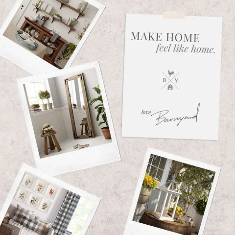 Collage of home decor images with a quote 'Make Home Feel Like Home'. Includes shelves, mirrors, plants, and outdoor view.