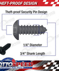 Anti Theft License Plate Screws Fastener Kit with Rustproof Black Screws showing 1/4” diameter and 3/4” shank length