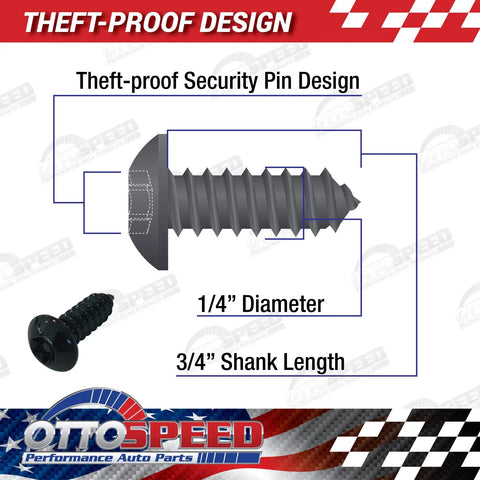 Theft-Proof License Plate Screws Kit diagram showing theft-proof security pin design, 1/4" diameter, and 3/4" shank length.
