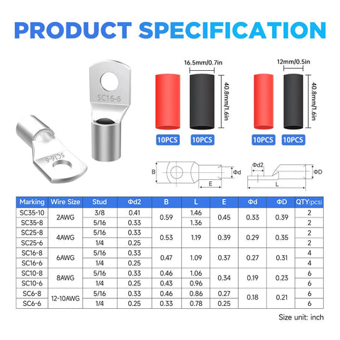 Specification chart for 80 Pieces Copper Wire Lugs Battery Cable Ends Assortment For AWG 2 4 6 8 10 12 Gauge With 3 To 1 Heat Shrink Tubing