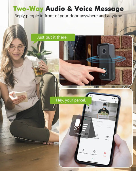 Woman using app for 2K Wireless Video Doorbell With Chime And Cloud Storage Night Vision Clarity AI Motion Detection Two Way Audio