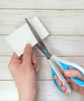 All Purpose Craft Scissors Set For Office And Home Four Pack Six Point Eight Inch And Eight Inch Sharp Stainless Steel Blades With Soft Grip Handles Everyday Workhorse Tools For Paper Cardboard Fabric Tape Packages And More cutting a white paper