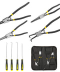 8 Pc Extra Long Snap Ring Pliers And Hook Tool Set, 13 Inch Heavy Duty Internal And External C Clip Pliers With Straight And Bent Jaws, Retaining Ring Remover Kit For Auto, Machinery, And DIY Projects displayed with case.