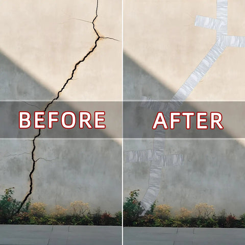 Before and after using Aluminum Foil Butyl Tape Waterproof Silver Tape For Roof Leak Repair RV Window Glass Silicone EPDM Patching And Pipe Sealing 2 Inch By 33 Feet Heavy Duty All Purpose Repair Tape For Home Roof Gutter Window Sealing And Pipe Patching on a wall crack.