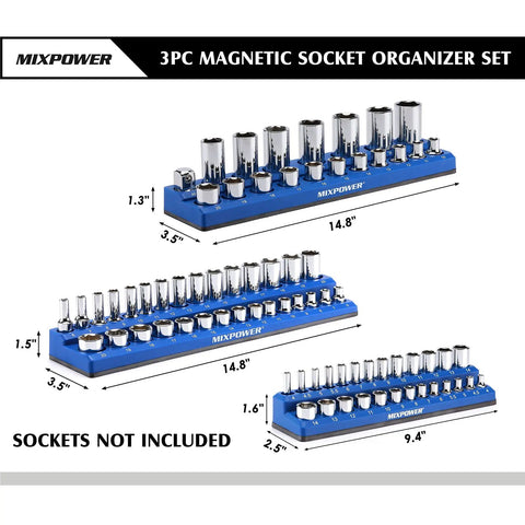 Magnetic Socket Organizer Tray Set For One Quarter, Three Eighths, And One Half Inch Drive Sockets, 75 Slot Capacity, Heavy Duty Blue Holder