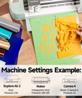 Person using cutting machine with Vibrant 33 Sheets 12x12 Inch Heat Transfer Vinyl Kit for T Shirts Hoodies Bags and Pillows Easy Cut and Weed PU HTV Iron On for DIY Craft Projects Works With Most Cutting Machines. Display of colorful vinyl sheets and machine settings.