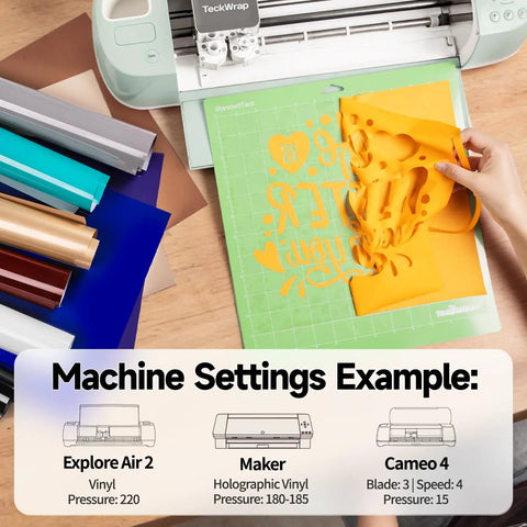 Person using cutting machine with Vibrant 33 Sheets 12x12 Inch Heat Transfer Vinyl Kit for T Shirts Hoodies Bags and Pillows Easy Cut and Weed PU HTV Iron On for DIY Craft Projects Works With Most Cutting Machines. Display of colorful vinyl sheets and machine settings.